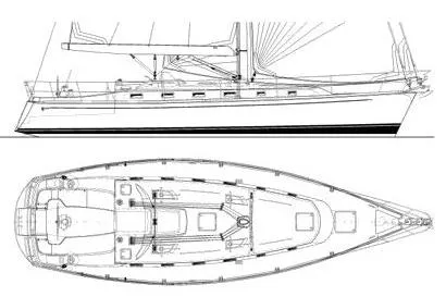 Mistral X Yacht Photos Pics Line drawing of a 2009 Tartan 4300 sailboat, side and top views.