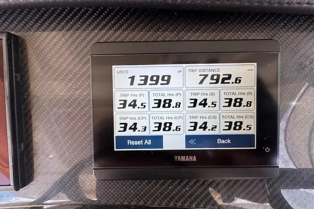  Yacht Photos Pics Yamaha display on 2024 Grady-White Canyon 456 showing trip data and engine hours.