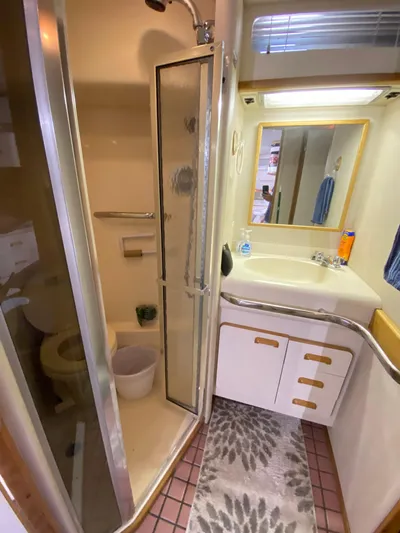  Yacht Photos Pics 1993 Sea Ray 500 Sundancer bathroom with shower, sink, and mirror.