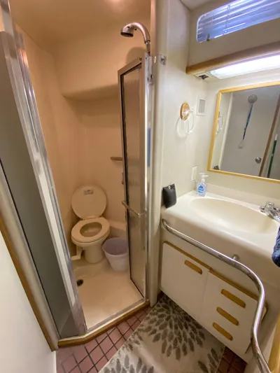  Yacht Photos Pics 1993 Sea Ray 500 Sundancer bathroom with shower, toilet, sink, and mirror.