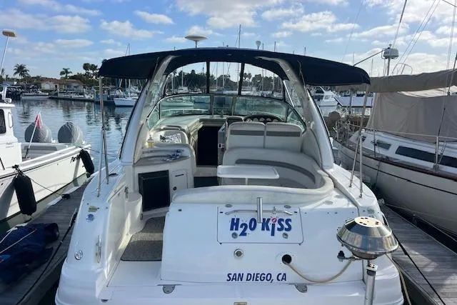 H20 Kiss Yacht Photos Pics 2005 Searay 320 boat docked in San Diego marina under clear skies.