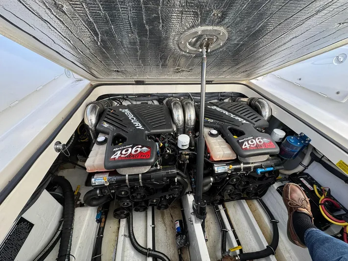  Yacht Photos Pics Engine compartment of 2008 Fountain 38 Sportfish Express Cruiser with twin MerCruiser 496 engines.
