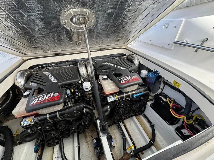  Yacht Photos Pics Engine compartment of 2008 Fountain 38 Sportfish Express Cruiser with twin Mercury 496 engines.