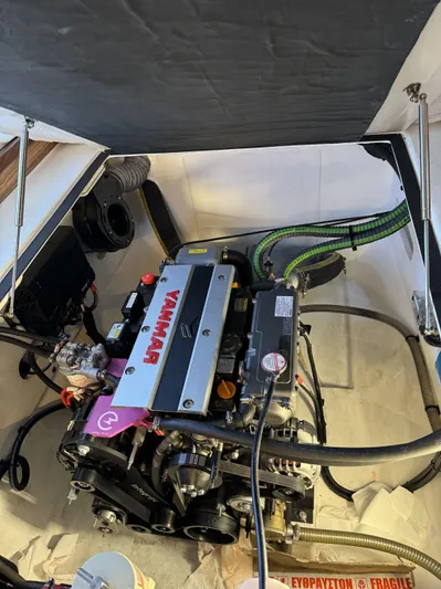 Alora Yacht Photos Pics Engine compartment of 2023 Knysna 500 SE with Yanmar engine visible.