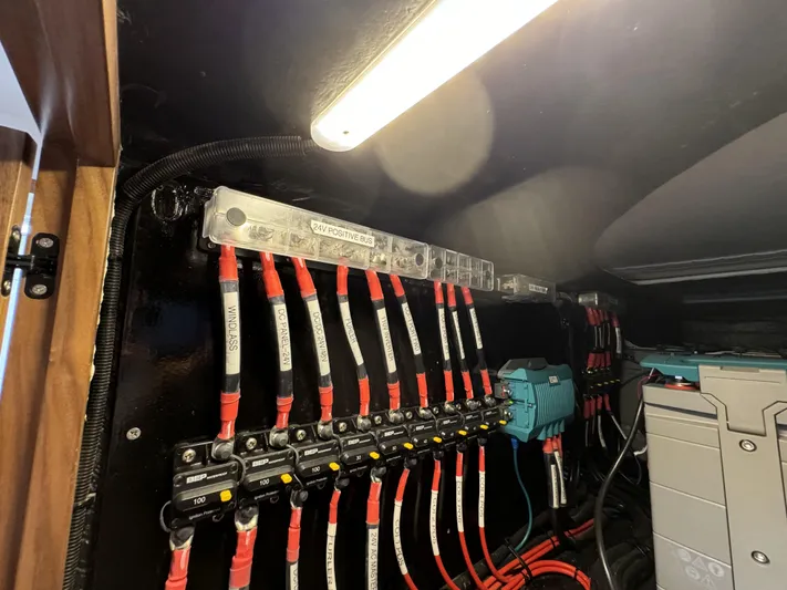 Alora Yacht Photos Pics Electrical panel with labeled wires in a 2023 Knysna 500 SE yacht.