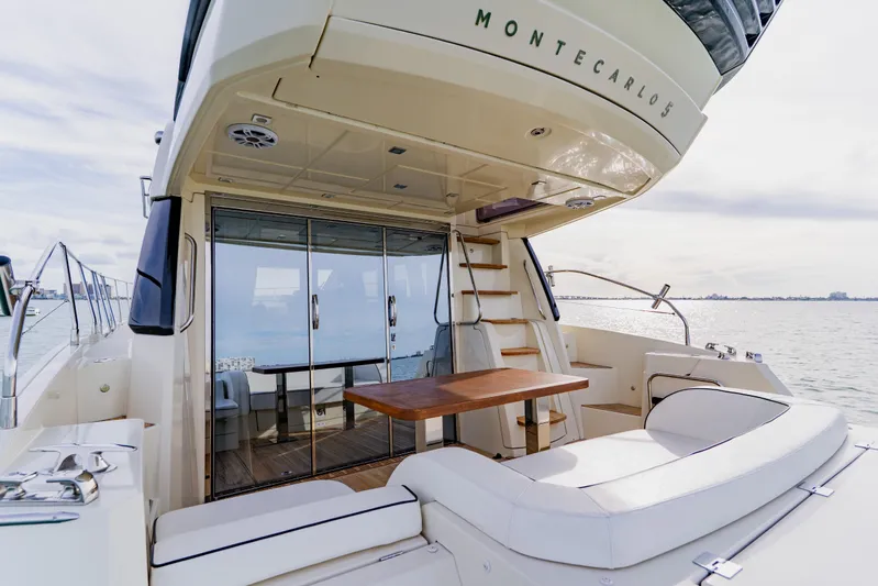 Nauti Obsession Yacht Photos Pics Luxurious 2015 Monte Carlo MC5 yacht with elegant seating and ocean view.
