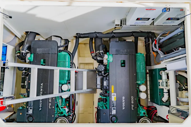 Nauti Obsession Yacht Photos Pics Engine room of 2015 Monte Carlo MC5 yacht with Volvo Penta IPS 600 engines.