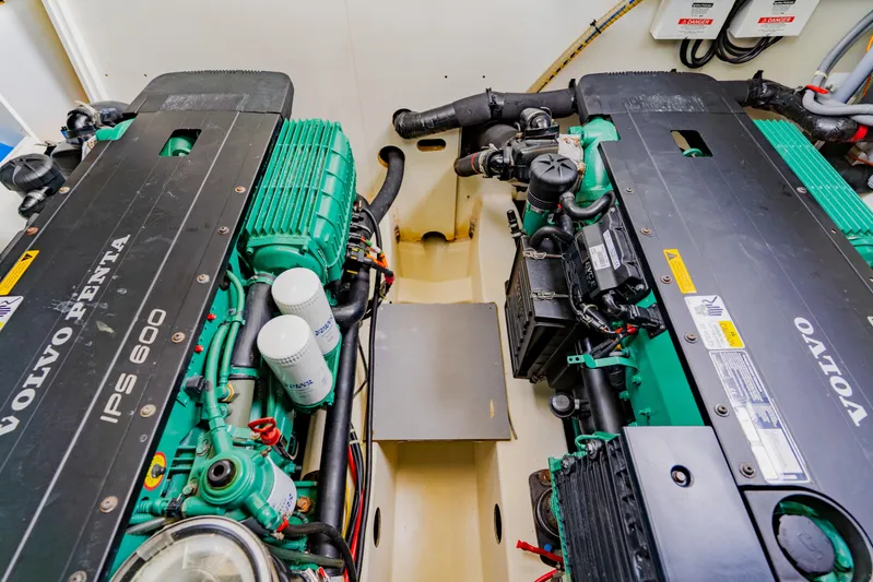 Nauti Obsession Yacht Photos Pics Engine room of 2015 Monte Carlo MC5 with dual Volvo Penta IPS 600 engines.