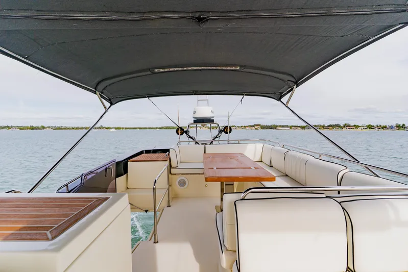 Nauti Obsession Yacht Photos Pics Luxurious 2015 Monte Carlo MC5 yacht interior with spacious seating and table on open water.