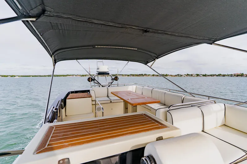 Nauti Obsession Yacht Photos Pics Luxurious 2015 Monte Carlo MC5 yacht interior with elegant seating and wooden tables.