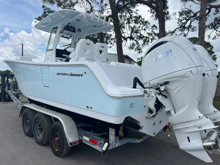  Yacht Photos Pics 2025 Sportsman Open 262 Center Console boat on trailer with Yamaha engines.