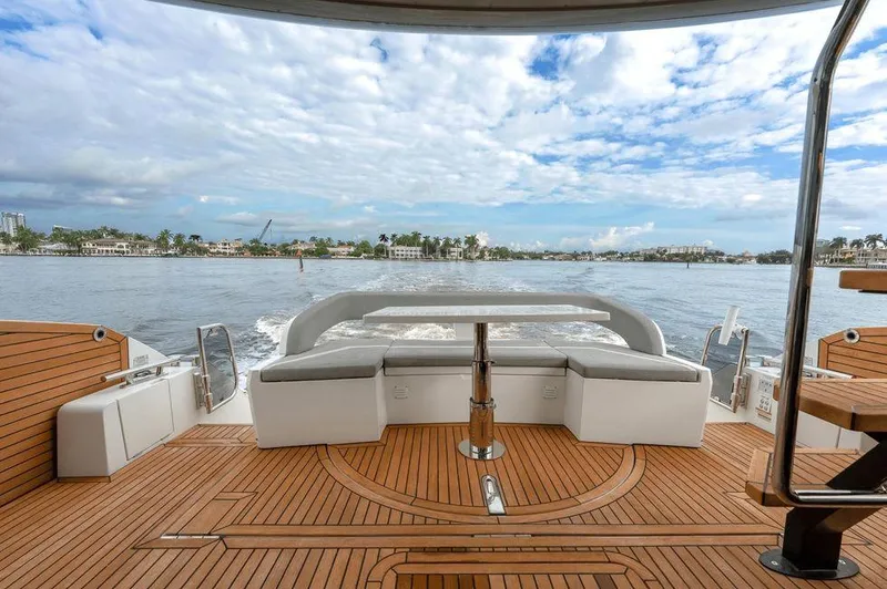  Yacht Photos Pics Luxurious 2019 Galeon 500 Fly yacht deck with elegant seating and ocean view.