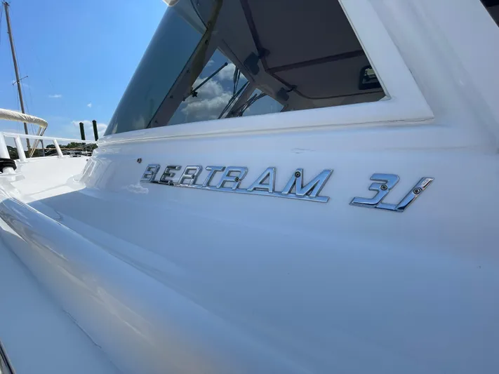Bushwacker Yacht Photos Pics 1972 Bertram 31 Sedan Hardtop Cruiser, close-up of boat name and window.