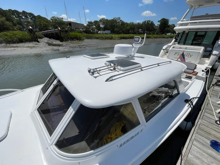 Bushwacker Yacht Photos Pics 1972 Bertram 31 Sedan Hardtop Cruiser docked by a scenic riverbank.