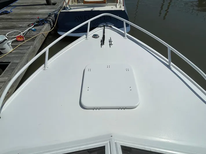 Bushwacker Yacht Photos Pics 1972 Bertram 31 Sedan Hardtop Cruiser bow view at dock.