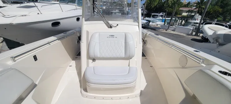  Yacht Photos Pics 2020 Cobia 320 Center Console boat interior with seating and console view.