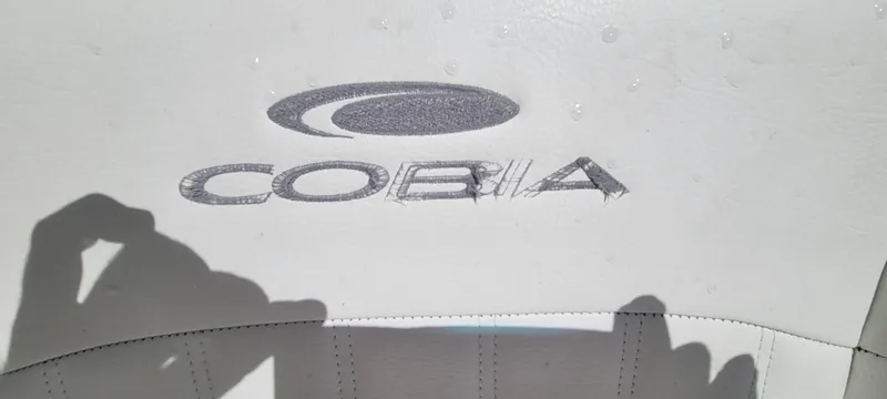  Yacht Photos Pics Cobia 320 Center Console 2020 logo on white surface with shadow.