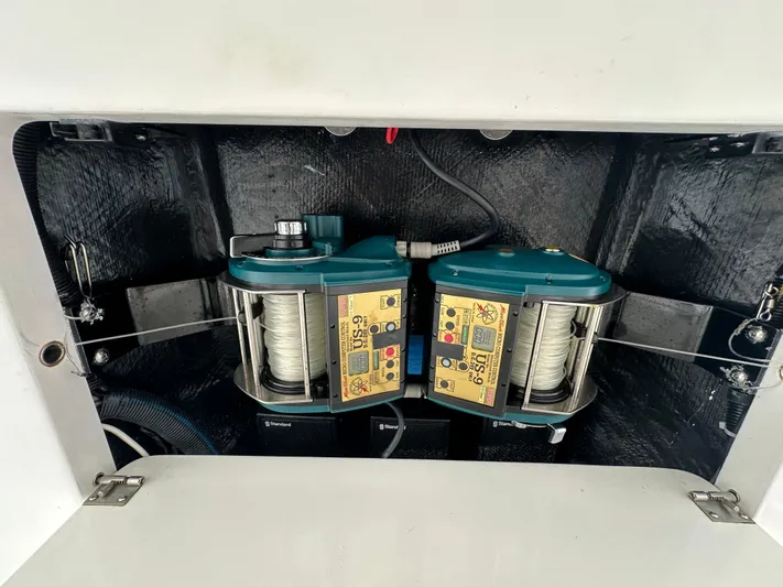 Don't Panic Yacht Photos Pics Fishing equipment in a 2004 Viking 56 Convertible SONAR boat compartment.