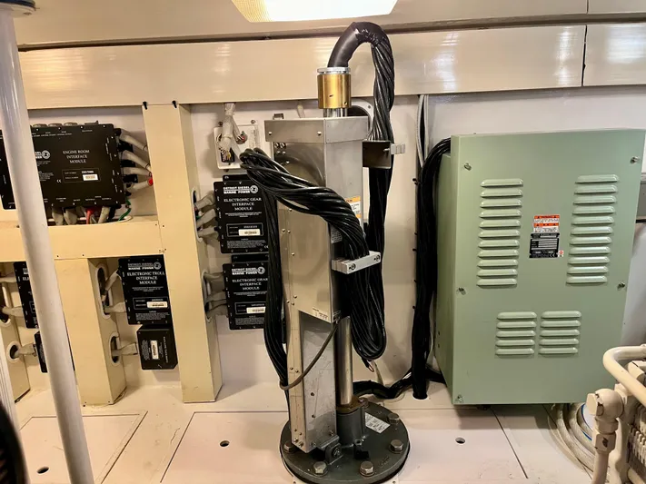 Don't Panic Yacht Photos Pics Engine room of 2004 Viking 56 Convertible SONAR with electrical components and wiring.