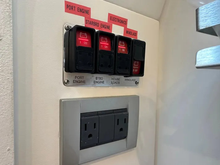 Trouble Maker Yacht Photos Pics Electrical panel and outlets on a 2022 Schaefer V33 boat.