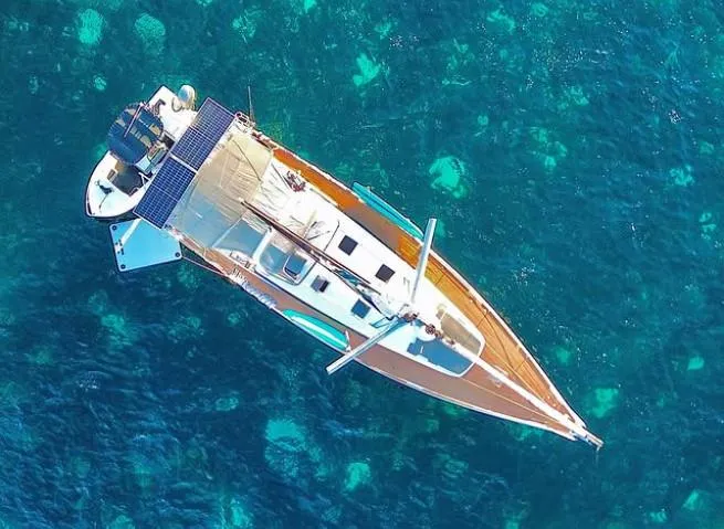 Icon Yacht Photos Pics Aerial view of 2014 Beneteau Sense 55 yacht on clear blue water.