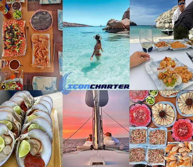 Icon Yacht Photos Pics Collage of luxury yacht dining, beach scenes, and sunset sailing on a 2014 Beneteau Sense 55.