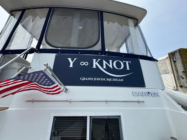Y Knot Yacht Photos Pics 1997 Carver 405 Aft Cabin boat with "Y Knot" nameplate, Grand Haven, Michigan.