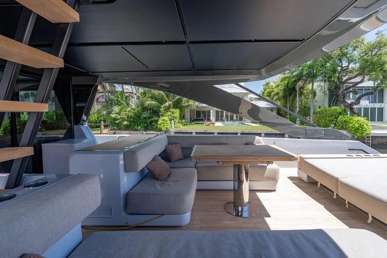 Snack Money Yacht Photos Pics Luxurious 2023 Bluegame BG 72 yacht interior with modern seating and outdoor view.