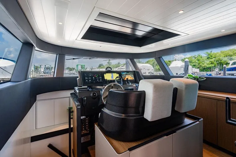 Snack Money Yacht Photos Pics Luxurious interior of 2023 Bluegame BG 72 yacht with modern helm and panoramic windows.