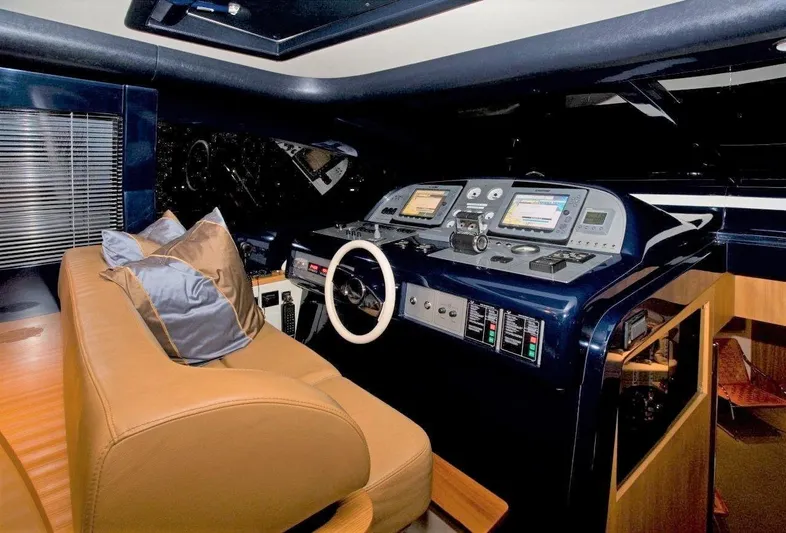 Bon Vivant Yacht Photos Pics Interior cockpit of 2004 Riva Splendida yacht with modern navigation equipment.