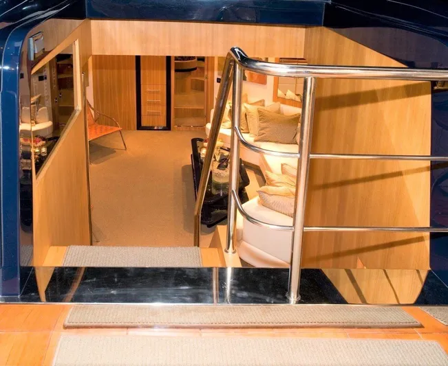 Bon Vivant Yacht Photos Pics Interior of 2004 Riva Splendida yacht with modern furnishings and wooden paneling.