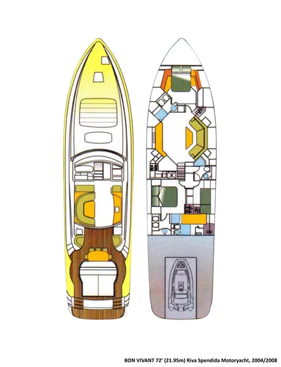 Bon Vivant Yacht Photos Pics Floor plan of a 2004 Riva Splendida motor yacht, showcasing interior and deck layout.