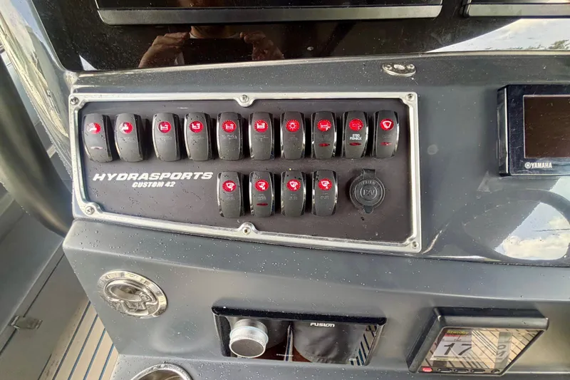  Yacht Photos Pics Control panel of 2016 Hydra-Sports 4200 Siesta boat with labeled switches and displays.