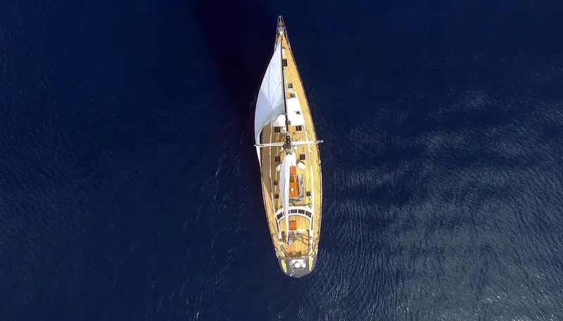 Wind Of Change Yacht Photos Pics Aerial view of 1988 Motorsailer Brooke Marine yacht sailing on open water.