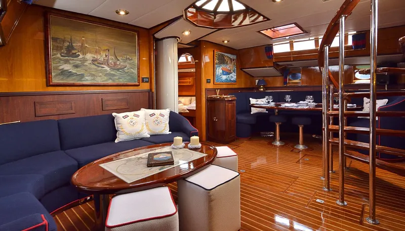 Wind Of Change Yacht Photos Pics Luxurious 1988 Motorsailer Brooke Marine interior with elegant wood finishes and comfortable seating.
