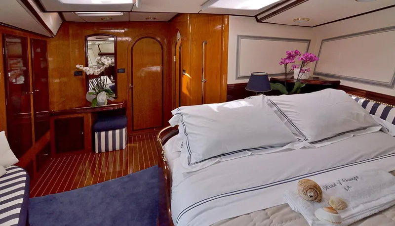 Wind Of Change Yacht Photos Pics Luxurious 1988 Brooke Marine Motorsailer bedroom with elegant wood finish and plush bedding.