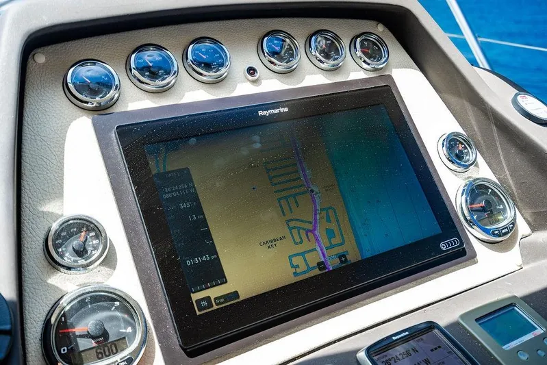 Endurance Yacht Photos Pics Dashboard of 2016 Azimut Atlantis 50 yacht with navigation display and gauges.