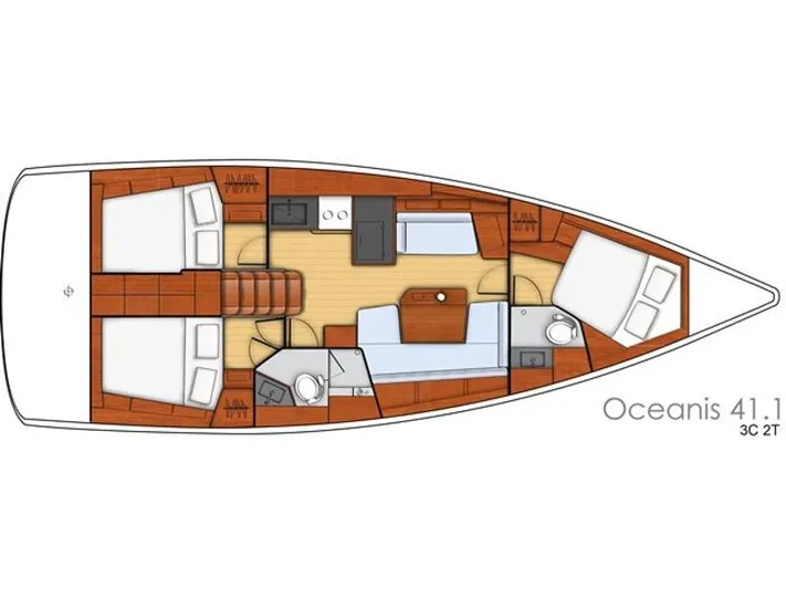  Yacht Photos Pics Floor plan of 2020 Beneteau Oceanis 41.1 sailboat, featuring three cabins and two bathrooms.