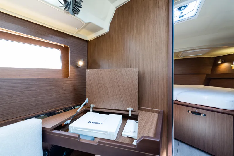  Yacht Photos Pics Interior of 2020 Beneteau Oceanis 41.1 yacht with wooden finish and cozy cabin.