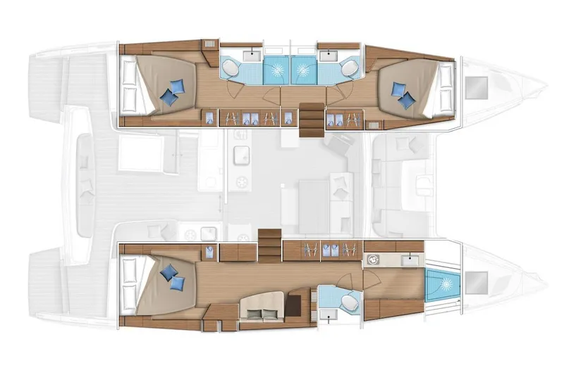 Exodus Yacht Photos Pics Floor plan of 2022 Lagoon 46 catamaran, featuring spacious cabins and modern amenities.