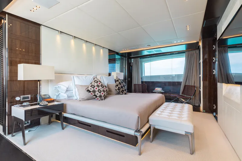 Domani Yacht Photos Pics Luxurious bedroom interior on 2016 Benetti Custom Built yacht, featuring elegant decor and large window views.