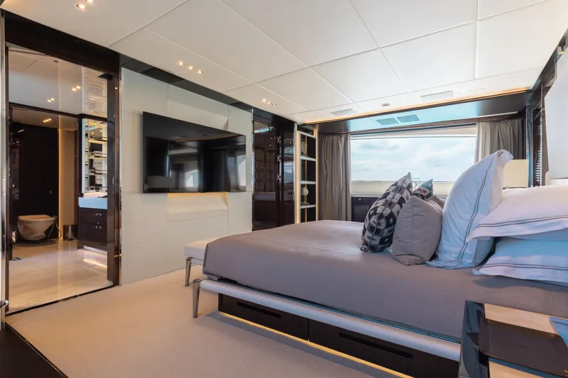 Domani Yacht Photos Pics Luxurious bedroom interior on 2016 Benetti Custom Built yacht with modern decor and ocean view.