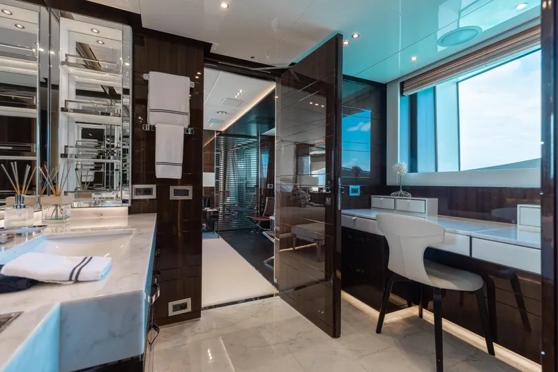 Domani Yacht Photos Pics Luxurious Benetti Custom Built 2016 yacht interior with elegant bathroom and vanity area.