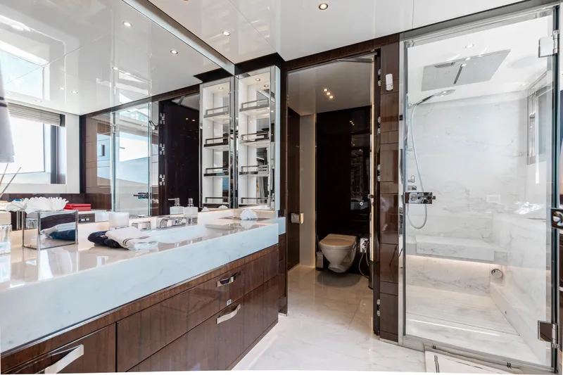 Domani Yacht Photos Pics Luxurious bathroom on 2016 Benetti Custom Built yacht with modern fixtures and elegant design.