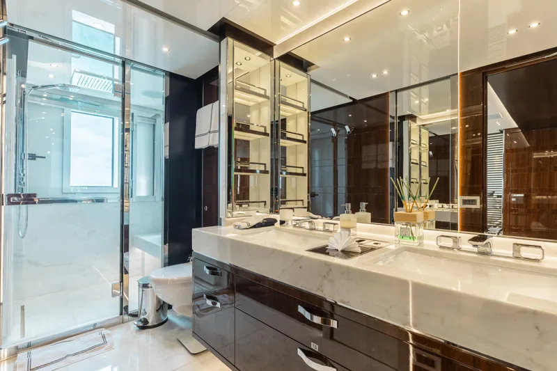 Domani Yacht Photos Pics Luxurious bathroom in 2016 Benetti Custom Built yacht with modern fixtures and elegant design.
