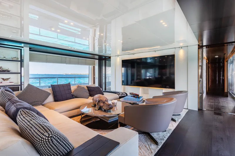 Domani Yacht Photos Pics Luxurious interior of 2016 Benetti Custom Built yacht with ocean view and modern furnishings.