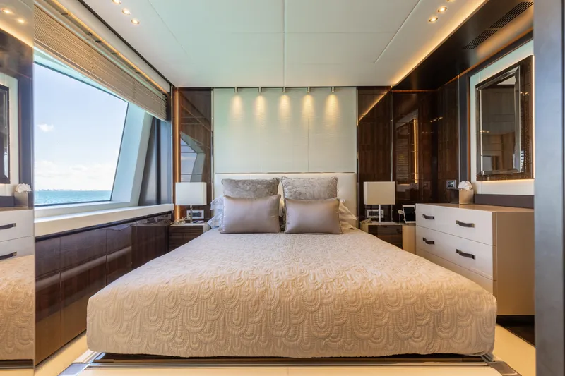 Domani Yacht Photos Pics Luxurious bedroom on 2016 Benetti Custom Built yacht with ocean view.