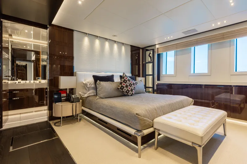 Domani Yacht Photos Pics Luxurious bedroom interior on 2016 Benetti Custom Built yacht, featuring modern design and elegant furnishings.