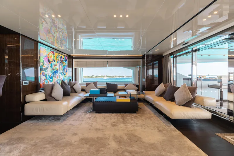 Domani Yacht Photos Pics Luxurious interior of 2016 Benetti Custom Built yacht with modern decor and ocean view.