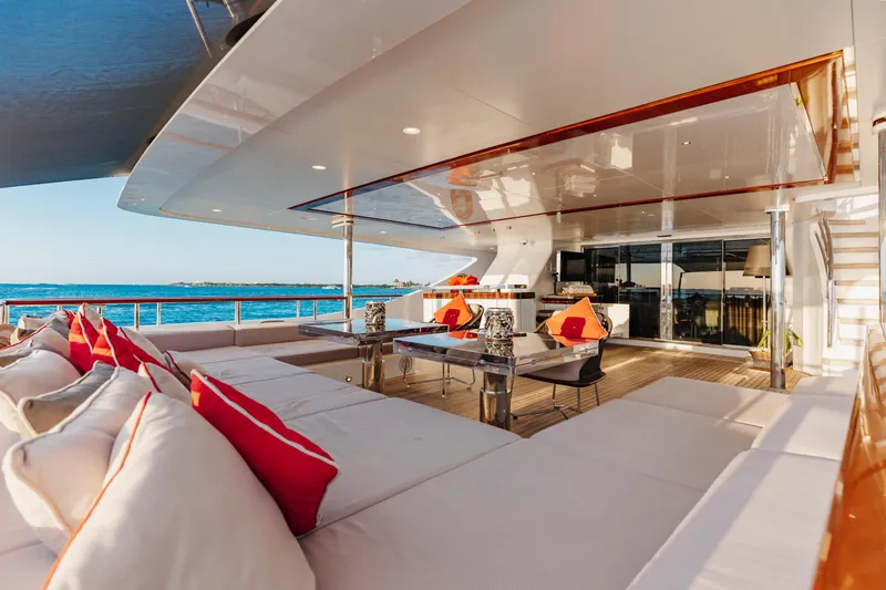 Domani Yacht Photos Pics Luxurious Benetti Custom Built 2016 yacht deck with plush seating and ocean view.